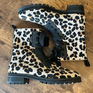 Kate Spade Leopard Print Knit Lace-Up Combat Boots